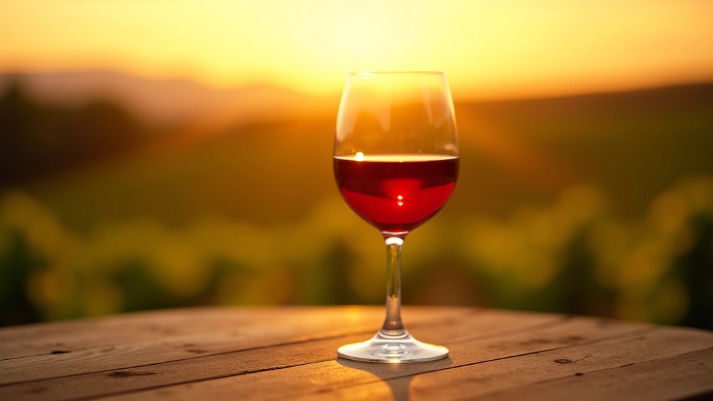 Sklenice červeného vína s vinicemi a západem slunce v pozadí